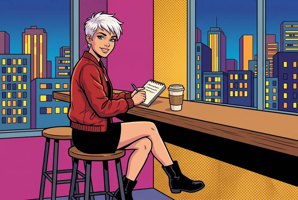 Woman writing in a notebook at a café counter