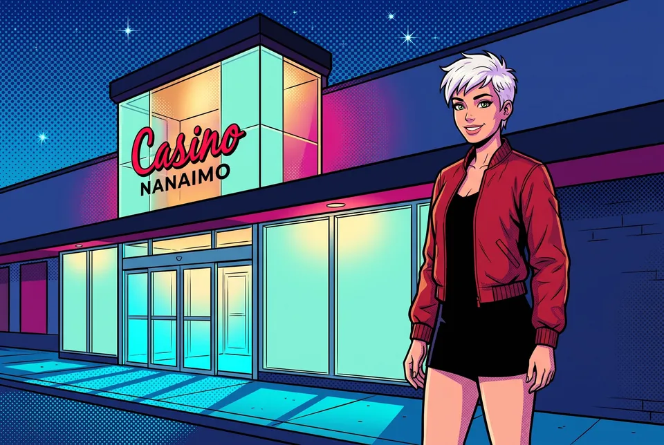 Woman at the glass casino entrance at night