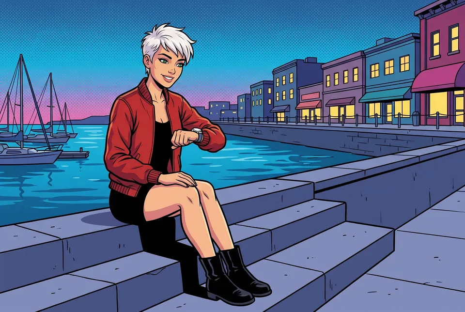 Woman on waterfront steps at dusk checking her watch