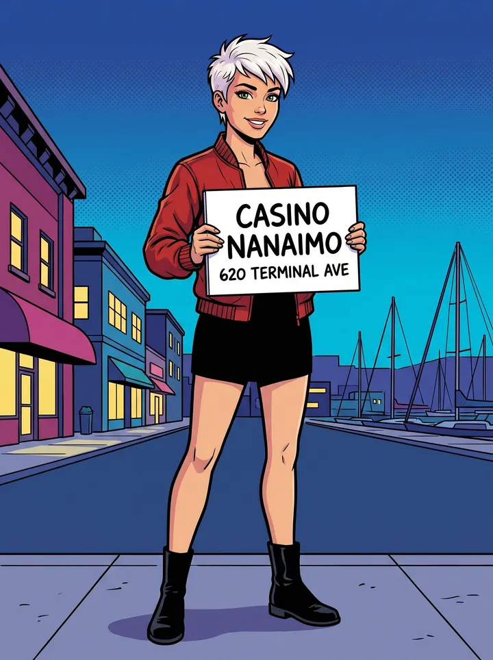 Woman downtown holding a Casino Nanaimo, 620 Terminal Ave board
