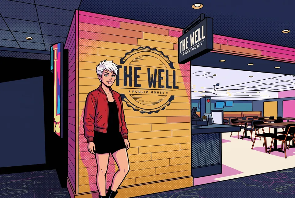 Woman at the entrance of The Well pub
